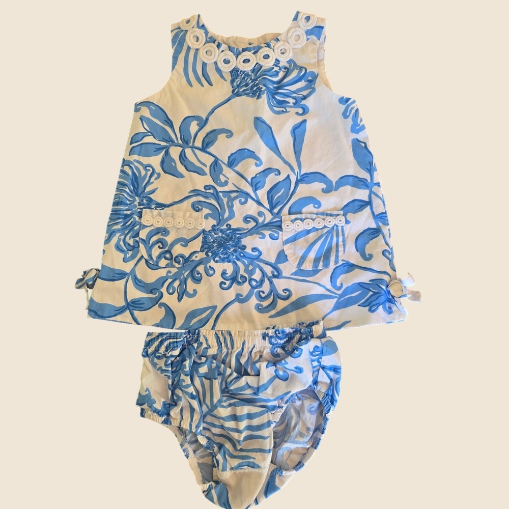 Lilly Pulitzer Baby Girls Blue White Floral Top and Bloomers Set 18-24 Months